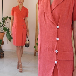 Vintage Linen Dress, Vintage Burnt Orange Dress, Vintage Buttoned Dress Viscose, Vintage Summer Linen Dress, UK 12 / US 8