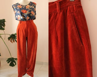 Italienische Vintage Cordhose, Gebrannte Orange Hose Hohe Taille, Vintage Cordhose, Vintage Baumwollhose, UK 3