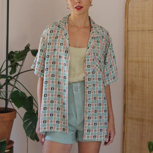 Vintage Silk Shirt Printed, Unisex Vintage Silk Shirt Geometric, Summer Silk Shirt, Vintage Silk Shirt, Vintage Silk Blouse, UK 20/ US 16