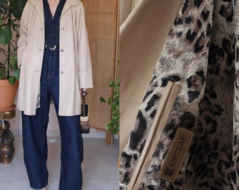 Vintage 90s Cream Leather Trench Coat, Animal Print Lining, Suede Details UK 18 / US 14
