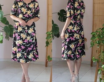 Vintage Black Floral Midi Dress, 90s Summer Viscose, Button-Up Fit Flare