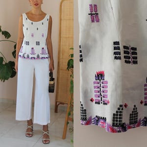 Vintage Cotton Top White, Summer Cotton Top, Summer Cotton Blouse, Vintage Geometric Top, Handmade White Top, UK 14/ US 10