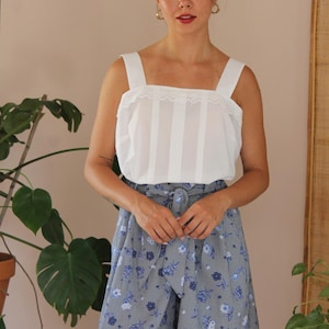 Blusa vintage con volantes, blusa blanca vintage de verano, blusa blanca vintage con volantes, blusa blanca de verano, blusa romántica con volantes, talla 14 de Reino Unido / 10 de EE. UU.