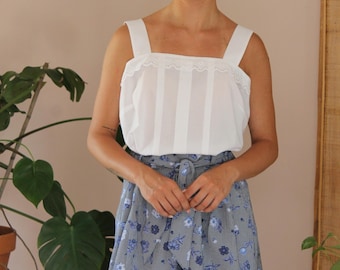 Vintage White Ruffle Blouse, Romantic Square Neck Summer Top UK 14 / US 10