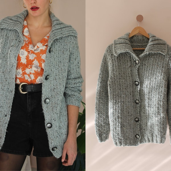 Vintage Chunky Knit Wool Cardigan, Unisex Wool Cardigan in Grey, UK 14-16 / US 10-12