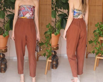 Vintage Silk Trousers in Brown, 90s Pleated Pants Silk, High Waisted, UK12 /US8