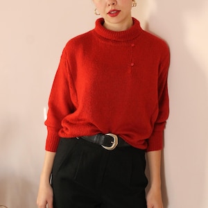 Vintage Handmade Red Turtleneck, Red Wool Pullover Vintage, Red Wool Turtleneck, Light Spring Knit in Red, UK 14 / US 10