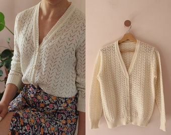 Italian Vintage Eyelet Cardigan, Light Cardigan White, Spring V Neck Cardigan, UK 12 / US 8