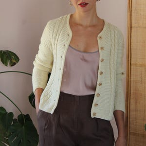 Cardigan Vintage Tricoté Main Laine Crème Taille M Gros Tricot Boutons