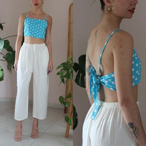 Vintage Polka Dot Top, Vintage Tie Crop Top, Vintage Summer Polka Dot Top, Vintage Blue Polka Dot Top, Adjustable size, UK 10-18 / US 6-14