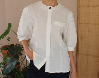 Vintage Puff Sleeves Blouse in White, Vintage Cotton Blouse Statement, Vintage Folk Blouse in White, UK 18 / US 14