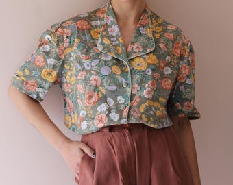 Blusa floral vintage, camisa floral de verano en verde, talla UK 18/ US 14