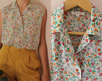 Vintage bloemen zijden shirt, bloemen witte zijden blouse, vintage zijden mouwloze blouse in bloemenwit, UK 16 / US 12