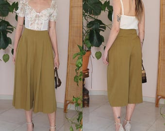 Culottes verde caqui de los 90, shorts de verano largos de pierna ancha plisados estilo vintage, talla UK 12 / US 8