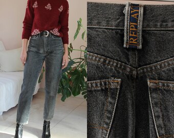 Y2K Replay High Waisted Jeans, High Waisted Denim Jeans Black, High Waisted Pants Tapered, UK 10/US 6