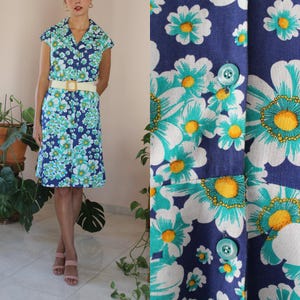 Vestido vintage de algodón con flores, talla 16 del Reino Unido/12 de EE. UU., vestido vintage de flores en azul, vestido vintage de flores abotonado en azul