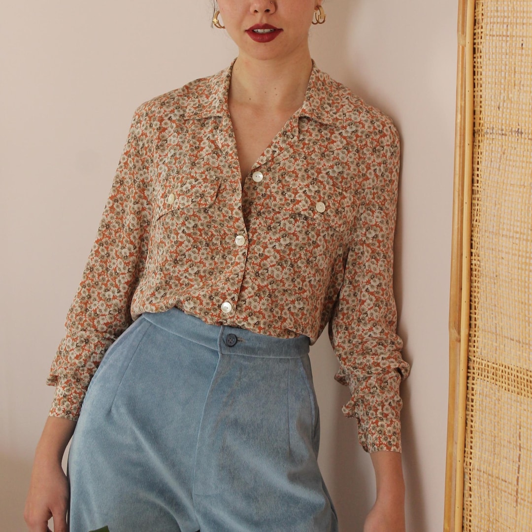Vintage 100% Silk Earth Toned Print Blouse