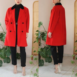 Abrigo de lana rojo vintage, abrigo de lana largo en rojo, abrigo de lana llamativo en rojo, abrigo de lana con cuello en contraste, Reino Unido 16 / EE. UU. 12