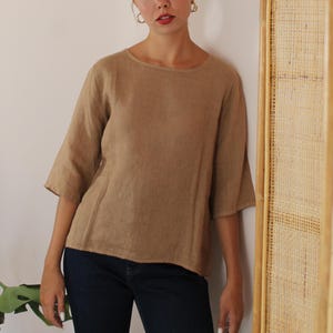 Vintage Linen Blouse Brown, Back Button Linen Blouse, Loose Fit Linen Blouse Brown, Brown Linen Top, UK 14 / US 10