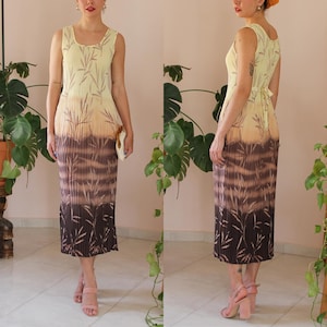 Vintage Ombre Dress, Vintage Column Dress in Beige, Vintage Occasion Dress, Vintage Pleated Dress, UK 10 / US 6