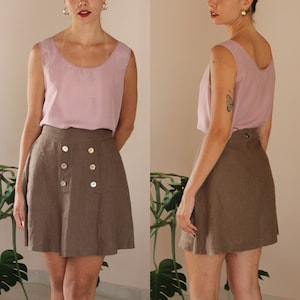 Vintage Linen Skirt in Brown, Summer Linen Skirt, Brown Linen Skirt, Mini Linen Skirt, UK 12-14/US 8-10