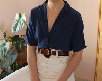 Vintage Silk Shirt in Navy Blue, Embroidered Silk Shirt Blue, UK 16/ US 12