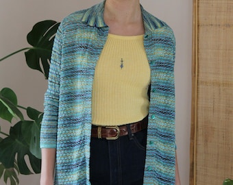 70s Vintage Striped Shirt, 70s Vintage Striped Blouse, 70s Knit Blouse Blue, 70s Striped Blouse Blue, UK 12-14 / US 8-10