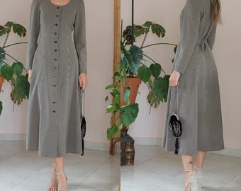 Vestido vintage de cuadros vichy, vestido largo vintage con estampado de cuadros, vestido largo con cinturón en gris, talla 10-12 del Reino Unido / 6-8 de EE. UU.