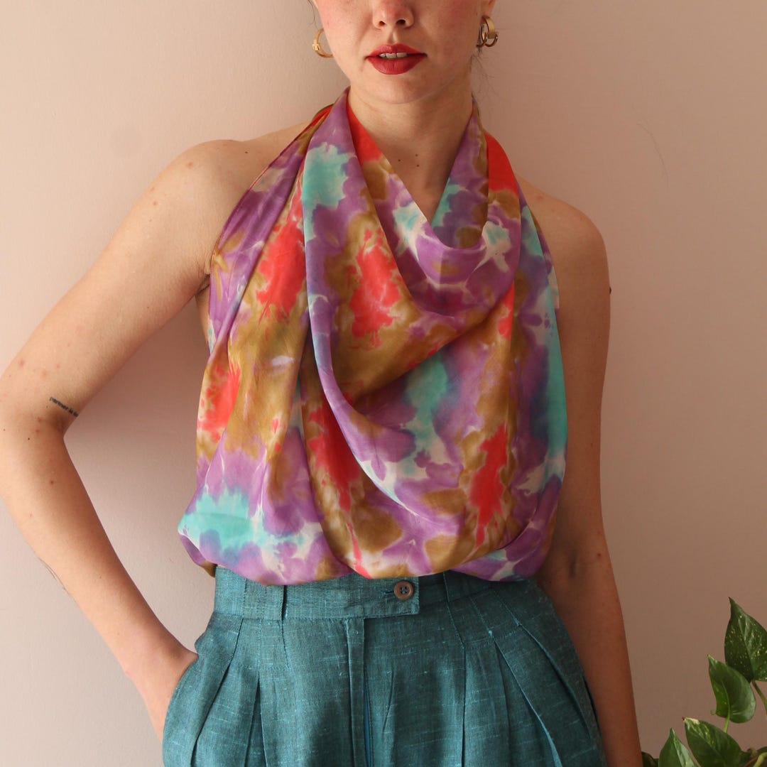 90s Purple Silk Scarf, Multicolour Abstract Print Hair Accessory (90cm ...