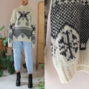 90s Vintage Wool Turtleneck Unisex, Vintage Nordic Wool Turtleneck, White Wool Pullover Sweater Unisex, UK 18-20 / US 14-16