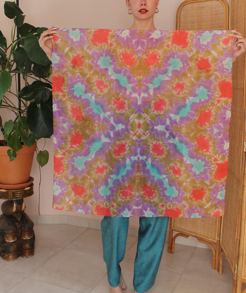 90s Purple Silk Scarf, Multicolour Abstract Print Hair Accessory (90cm ...