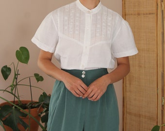 Vintage Hand-Embroidered Blouse in White, Vintage Linen Blouse Hand Embroidered, White Linen Blouse, UK 18/ US 14