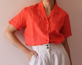 Vintage-Leinenbluse mit Handstickerei, rotes Baumwollhemd aus den 90er-Jahren, UK 18 / US 14