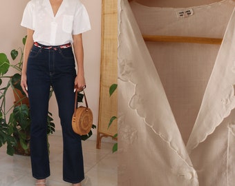 Chemise en lin brodée à la main vintage pour femme, chemise en lin vintage blanche, chemisier en lin d'été en blanc, 18 UK / 14 US