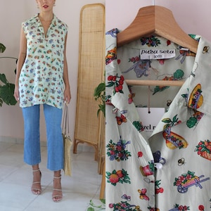 Vintage Silk Floral Shirt, Vintage Silk Shirt Printed, Long Silk Shirt Sleeveless, Vintage Silk Blouse Printed, UK 18/ US 14