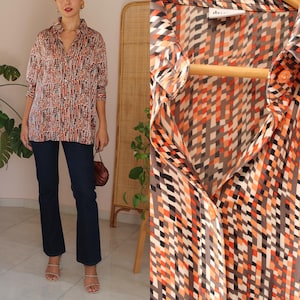 Vintage Silk Shirt Geometric, Vintage Check Print Silk Shirt, Vintage Silk Shirt Printed, Vintage Long Silk Shirt Plus Size, UK 24/ US 20