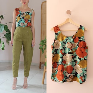 Vintage Silk Floral Top, Vintage Silk Floral Tank Top, Silk Tank Top Floral, UK 14 / US 10