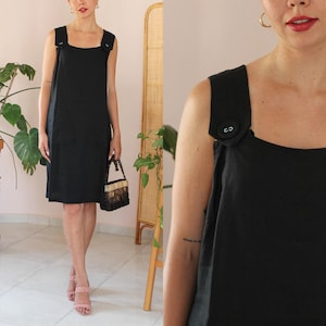 Vintage Linen Dress in Black, Summer Linen Dress, Vintage Midi Linen Dress, Sheath Dress Linen Black, Black Smock Dress, UK 16 / US 12