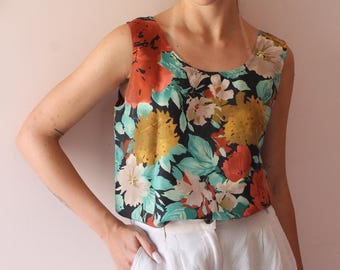 Vintage 90s Silk Floral Tank Top, UK 14 / US 10