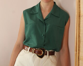 Vintage Blouse in Green,  Vintage Silk Sleeveless Blouse in Green, UK 16 / US 12