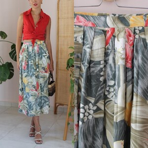 Falda floral verde vintage, falda floral plisada vintage, falda floral larga, falda floral de cintura alta, falda floral de verano, talla 16 de Reino Unido / 12 de EE. UU.