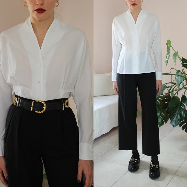 Vintage Statement Collar Blouse, Vintage Occasion Blouse in White, Vintage High Neck Collar  Blouse, Mandarin Collar Blouse, UK 16/ US 12