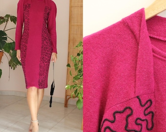 Vestido midi vintage de mezcla de lana fucsia, estilo años 90, ajustado al cuerpo, con detalles geométricos, talla UK 12.