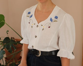 Vintage linnen geborduurde blouse in wit, vintage pofmouwen blouse met borduurwerk, vintage linnen blouse, UK 18 / US 14