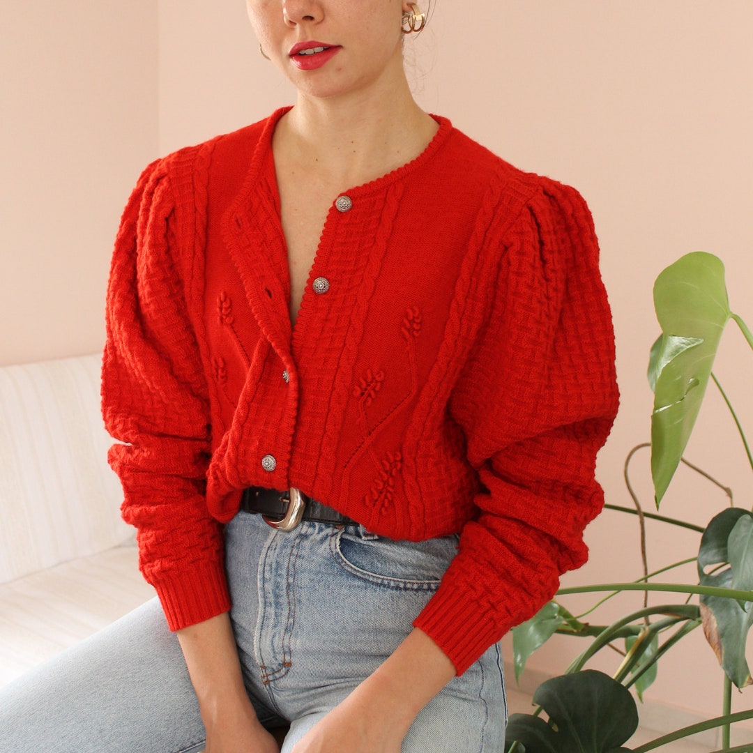90s Vintage Puff Sleeves Cardigan in Red Wool Puff Sleeves Etsy