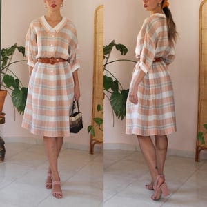 Italian Vintage Linen Dress Gingham, Vintage Gingham Dress, Linen Plaid Dress, Summer Linen Dress, Summer Plaid Dress, UK 14 / US 10