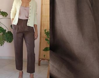 Vintage Brown Linen Trousers, High Waisted Pleated Pants, UK 14/US 10