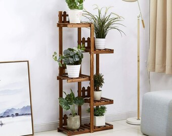 6 Potted Wood Plant Stand Flower Pot Rack Shelf Indoor Outdoor Home Decor | Entryway, Bedroom, Bathroom Organization | Tiered Wooden Stand