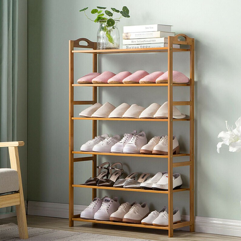 6 Tier Wood Bamboo Shelf Entryway Storage Shoe Rack Home Furniture