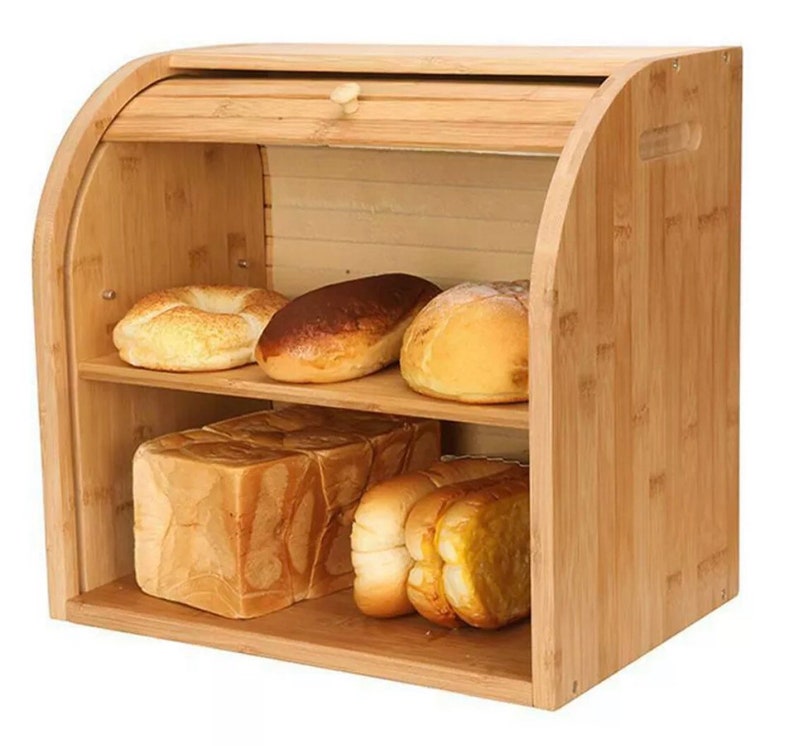 Bamboo Wood Bread Box Roll Top Large Kitchen Storage Etsy